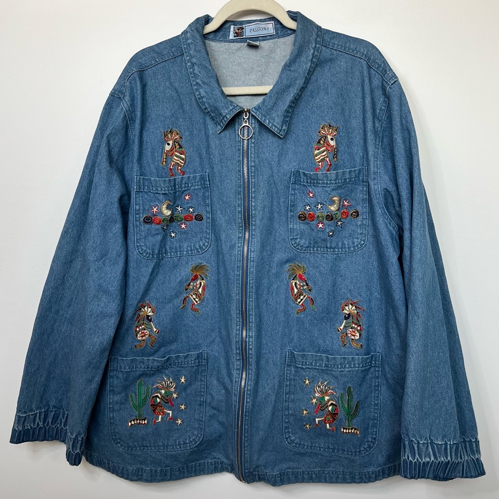 Vintage Kokopelli Embroidered Denim Jacket size 2XL